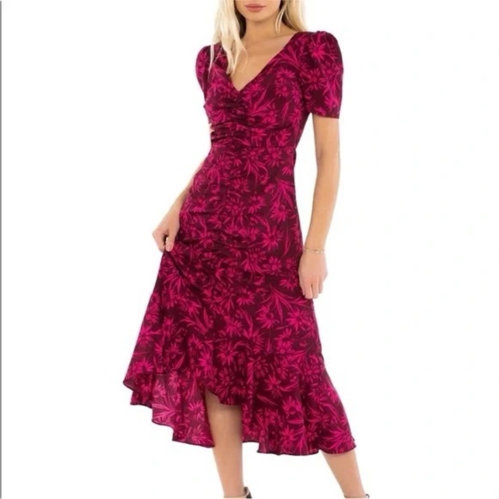 LIKELY Martinez Ruched Floral Midi Dress Rhubarb 25287